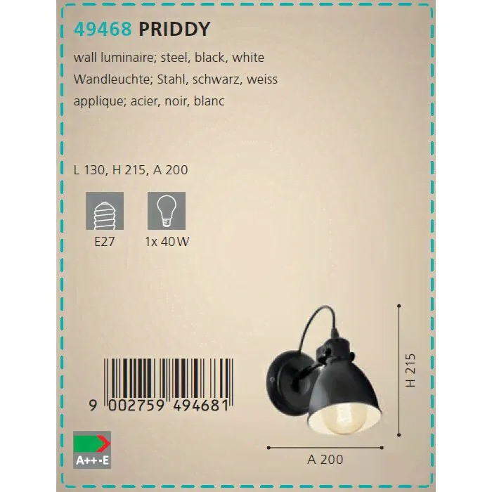 Бра Eglo Priddy 49468, 13 x 22 x 20 см-1